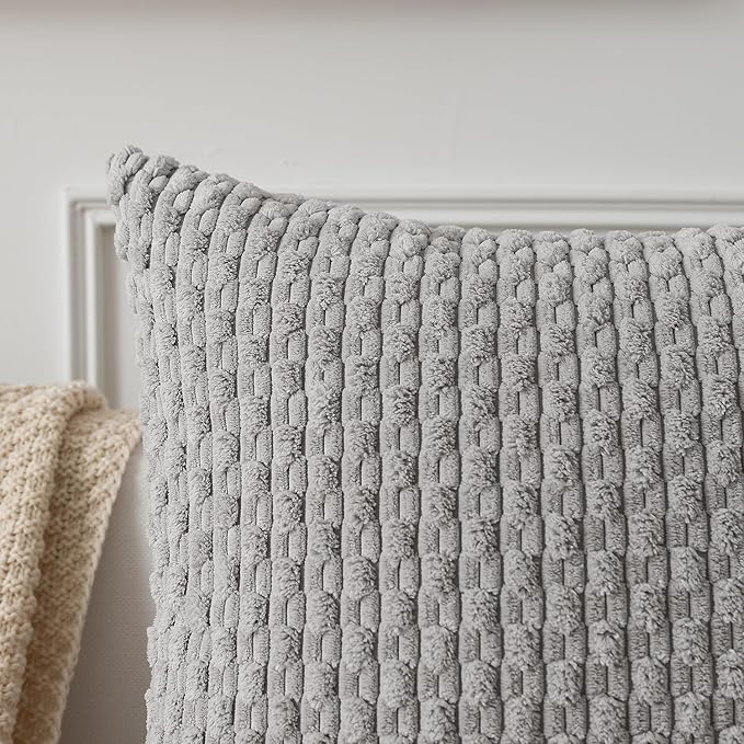 Kevin Textile Euro Sham Pillow Covers 28x28 Inch 2 Packs Soft Boho Striped Corduroy Decorative Throw Pillows for Living Room Couch Bed Sofa Rustic Farmhouse Home Decor 71x71cm Light Grey