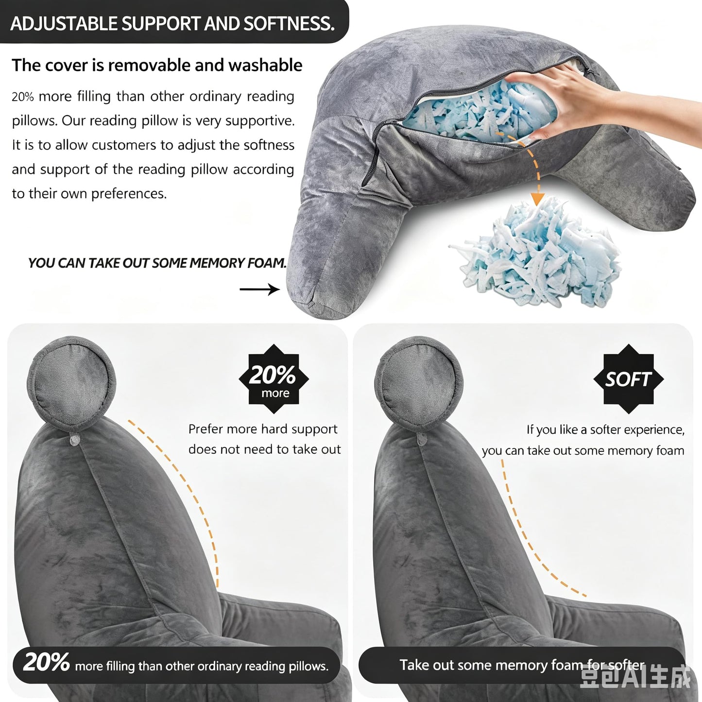 mittaGonG Reading Pillow Neck Support Arm Pockets Adult Bed Back Support