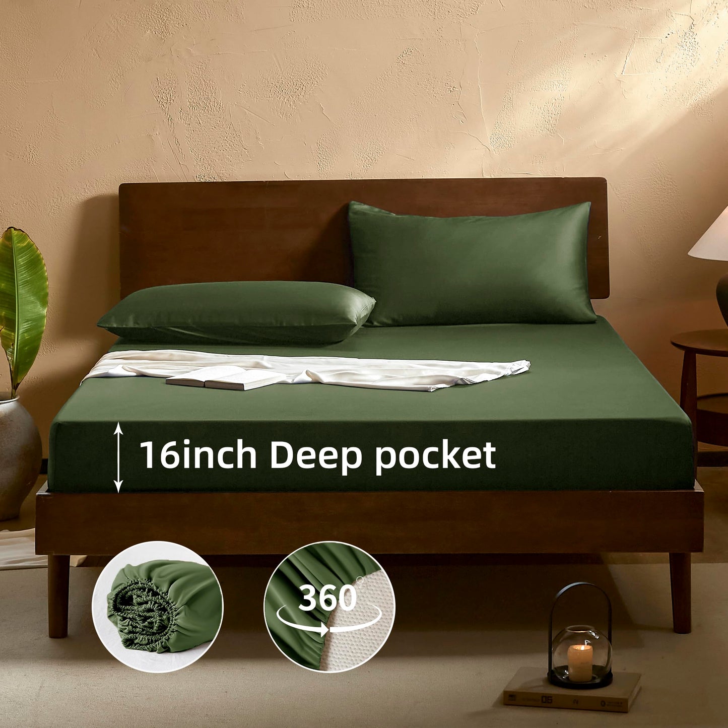EVERLY King Sheets Set,Luxuriously 400 Thread Count Organic Viscose Derived from Bamboo Bed Sheet,Cooling Sheets for King Size 4 Piece Deep Pockets Bedding Sheets &Pillowcases-Dark Green