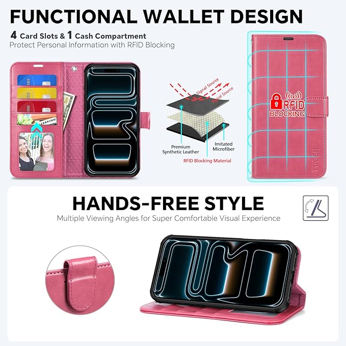 TUCCH 2-in-1 Removable Wallet Case for iPhone 17 Pro (6.3-inch) 2025, Wireless Charging | RFID Blocking 4 Card Slot | Wrist Strap | Kickstand | Magnetic | PU Leather | Protective Flip Cover | Hot Pink