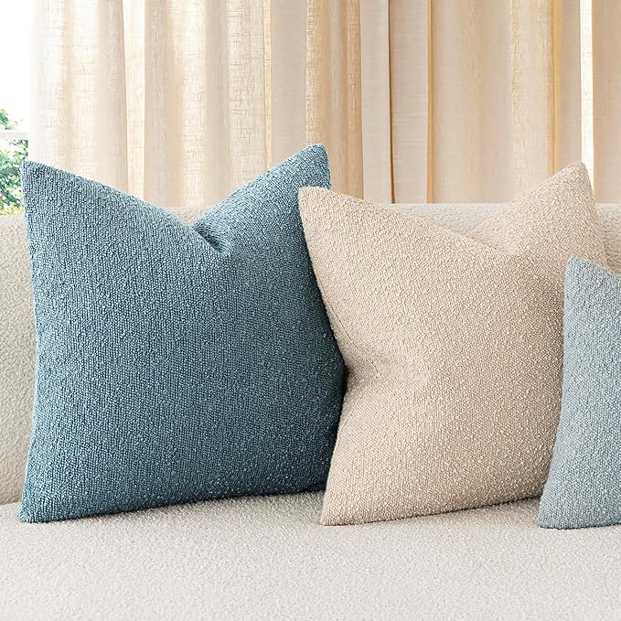 Foindtower Decorative Textured Boucle Throw Pillow Covers Accent Solid Pillow Cases Neutral Soft Cozy Couch Cushion Case for Chair Sofa Bedroom Living Room Home Decor 24x24 Inch,1PC,Misty Blue