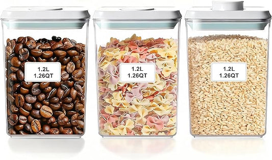 Kahyeets Airtight Food Storage Containers with Lids Pop Up Containers Pasta Organizer for Kitchen Pantry Cereal Snack Flour Sugar Coffee (3pc 1200ml / 1.26qt)