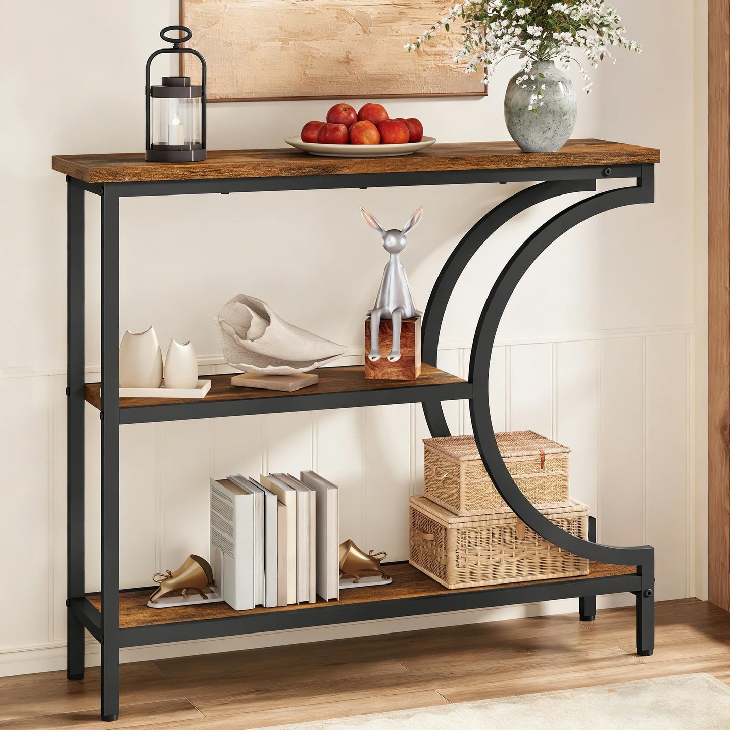 Hoctieon Console Table, 3-Tier Industrial Entryway Table with Storage, Hallway Tables, Narrow Entrance Sofa Tables, C-Shaped Metal Frame, Accent Tables with Shelves for Living Room, Rustic Brown