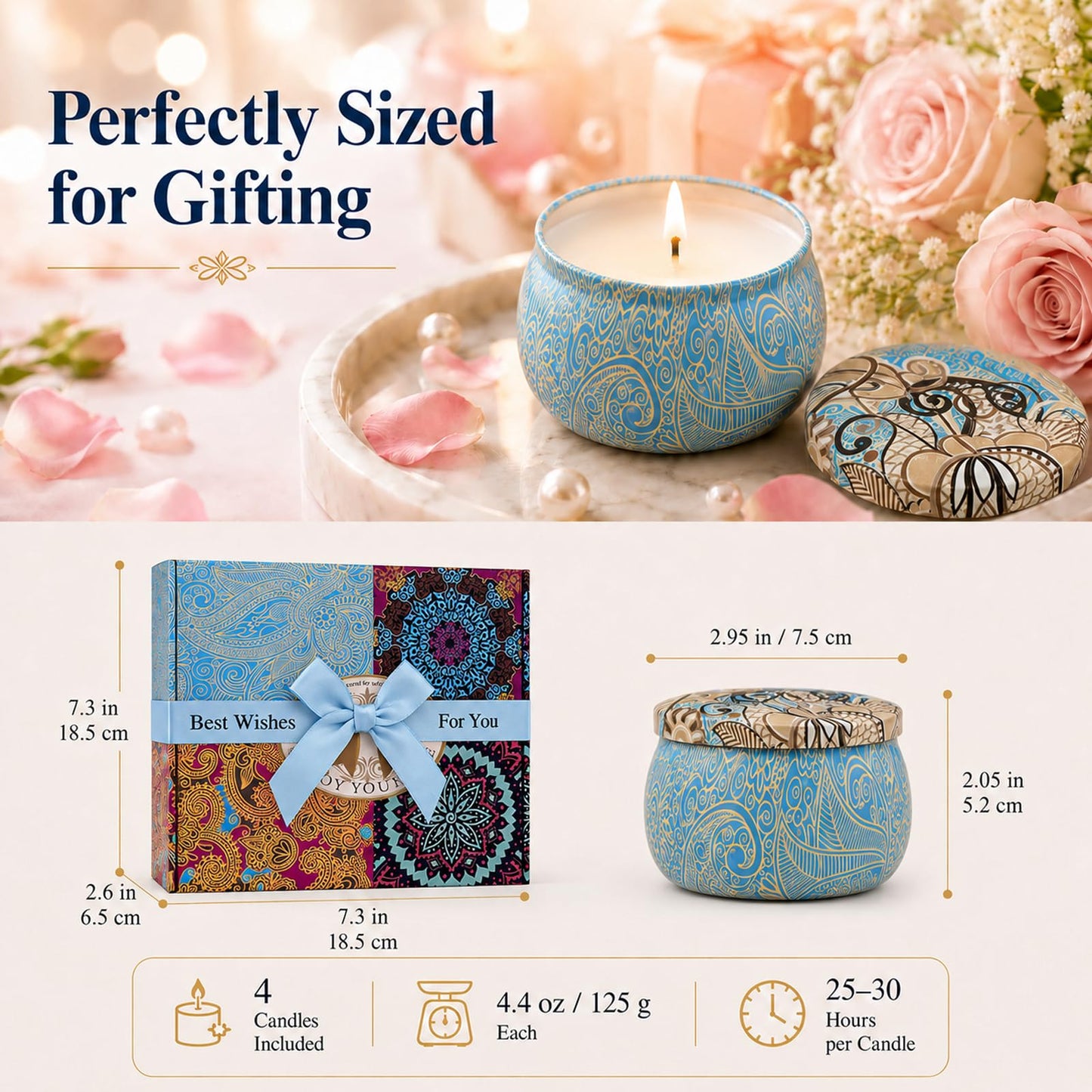 Scented Candles Gift Set for Women, 4 Pack Soy Wax Candles in Classic Bohemian Tins, Aromatherapy Candle Set, Birthday Gifts for Mom, Thank You Gifts