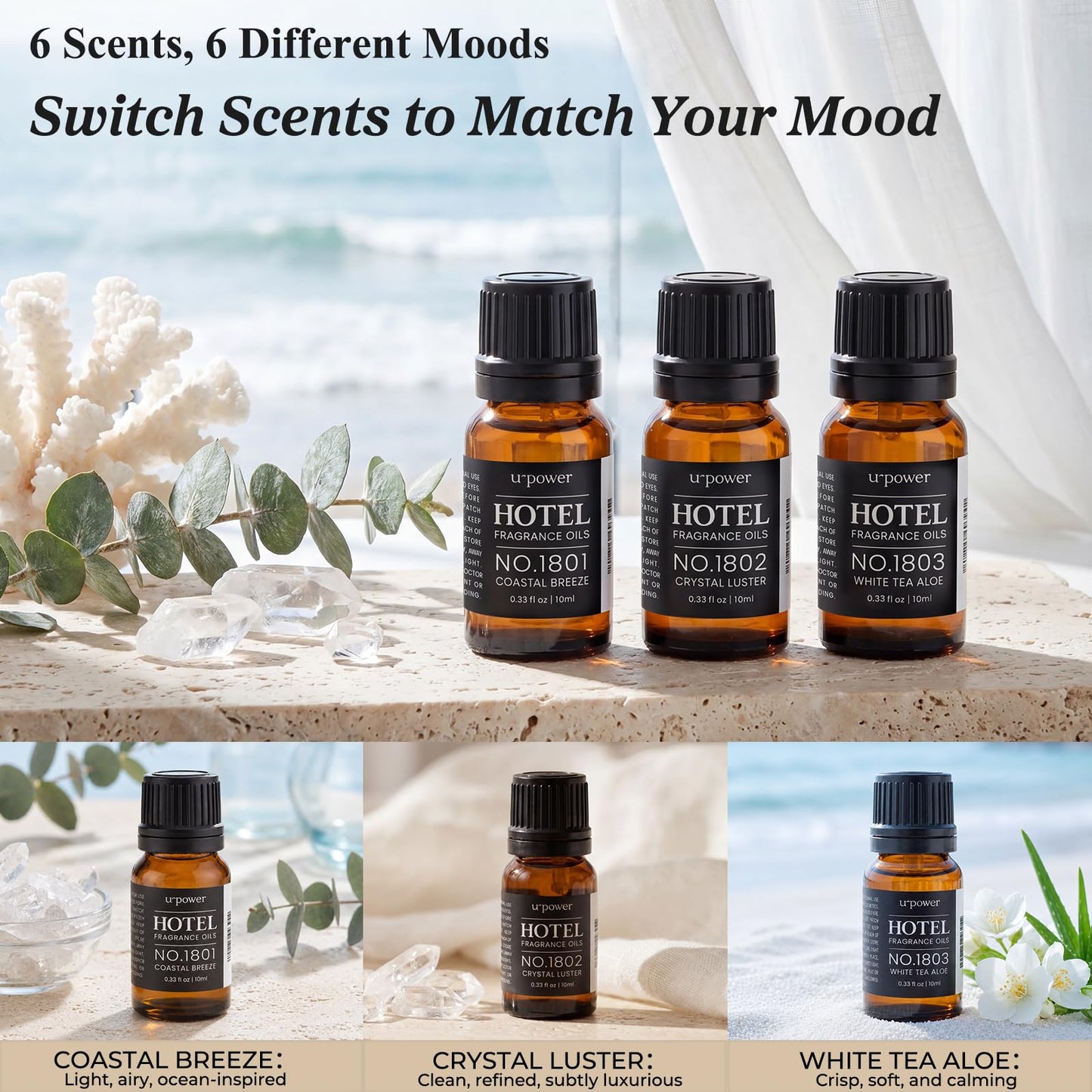 URPOWER Hotel Collection Diffuser Oil - 6 Premium Scents for Diffusers 10ml/0.34 fl oz Essential Oils Set for Diffusers for Home - Inspired by Baccarat Westin My Way Pure White Tea and Other Hotel