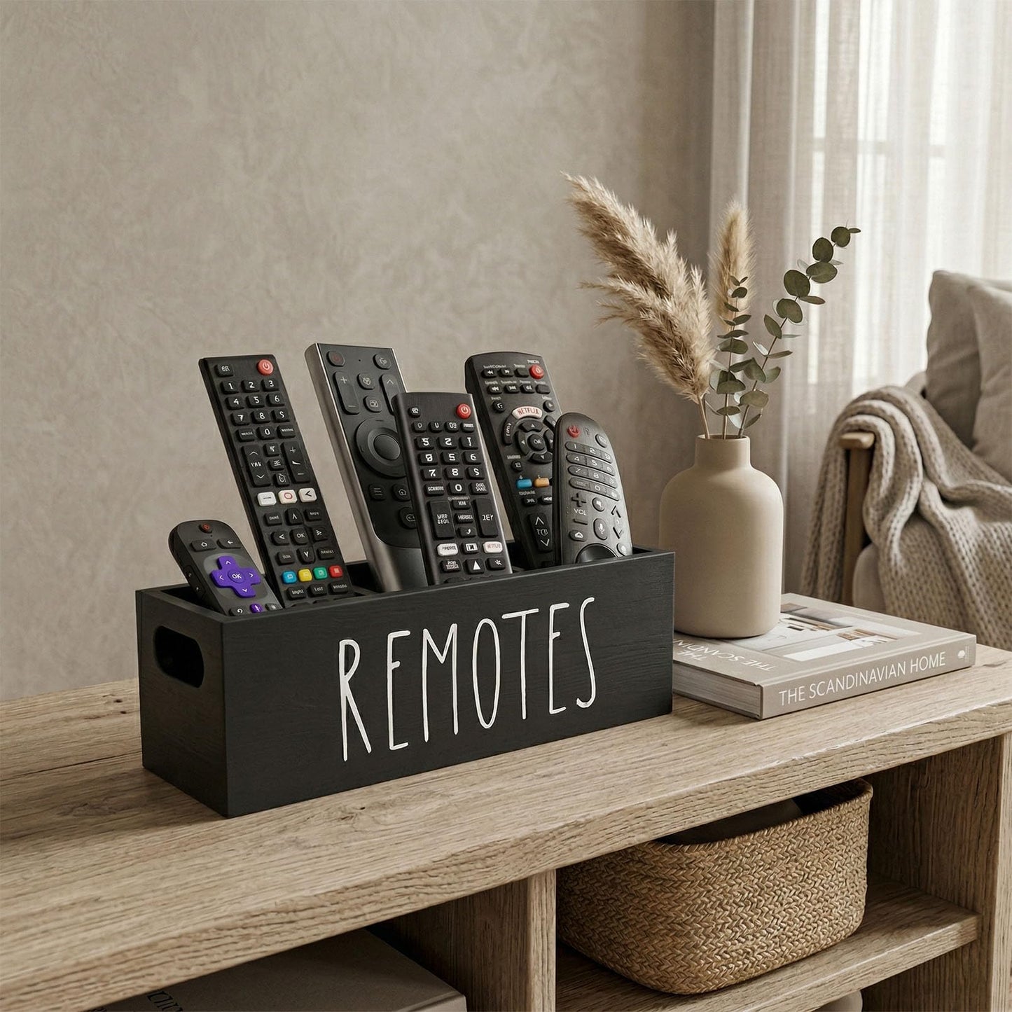 CHONIC Remote Control Holder, Farmhouse Remote Storage Caddy, Bedside TV Controller Box, Rustic Wood Media Organizer Tray for Home Bedroom Table (Black)