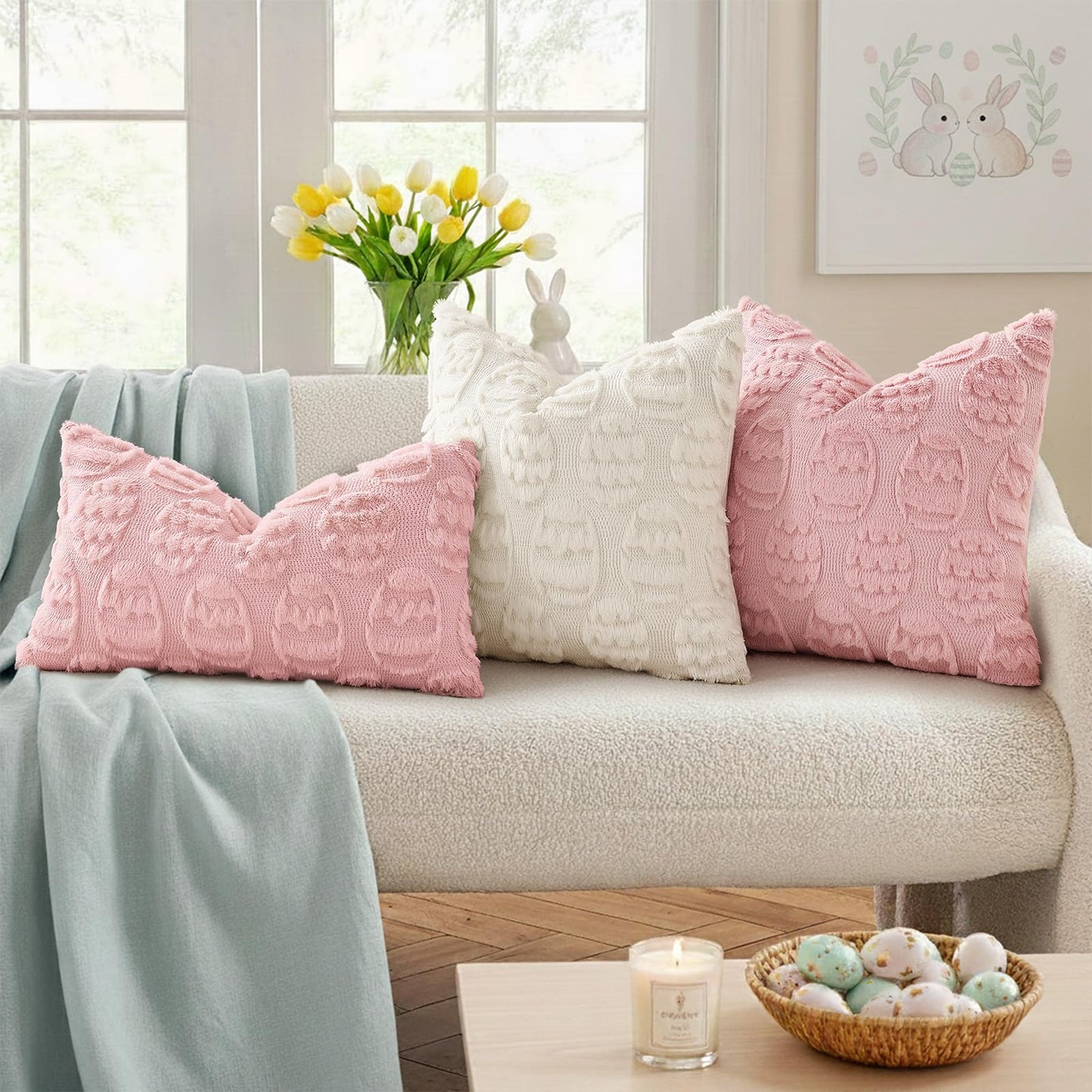decorUhome Easter Pink Egg Pillow Covers 12x20 Inch Set of 2, Soft Plush Faux Wool Jacquard Cushion Covers, Farmhouse Neutral Fuzzy Spring Easter Holiday Decor for Couch Sofa Bed