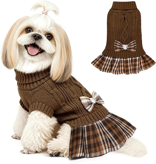 YUDODO Small Dog Sweater Dress with Bowtie Turtleneck - Knitted Pet Girl Dog Winter Clothes - Pet Warm Sweater for Puppy Yorkies, Chihuahua (M Brown)