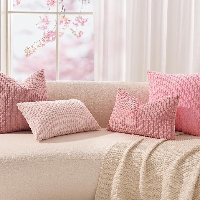 Kevin Textile Valentines Day Decorative Pillow Covers Set of 2 Striped Plush Corduroy Pillows Pillowcases Boho Home Decor Cushion Covers for Couch Sofa Bed Living Room 18x18 Inch, Dark Pink