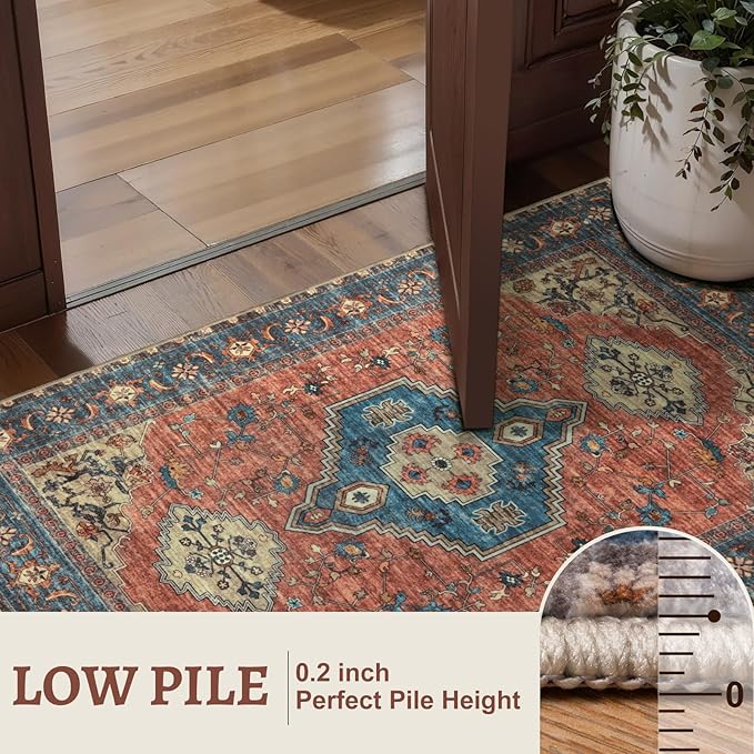 Tangsoo 2.6x8 Washable Runner Rug for Hallways, Non Slip Vintage Runner Rug, Soft Low Pile Long Rug Runner, Print Carpet Runners for Kitchen Bedroom Entryway Bathroom Living Room Terracotta