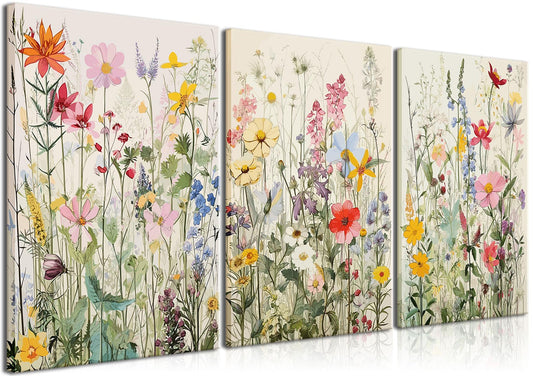 KISSFOX 3 Piece Canvas Wall Art Wildflowers Wall Decor Floral Pictures Botanical Paintings Watercolor Prints Colorful Artwork For Bedroom Bathroom Living Room