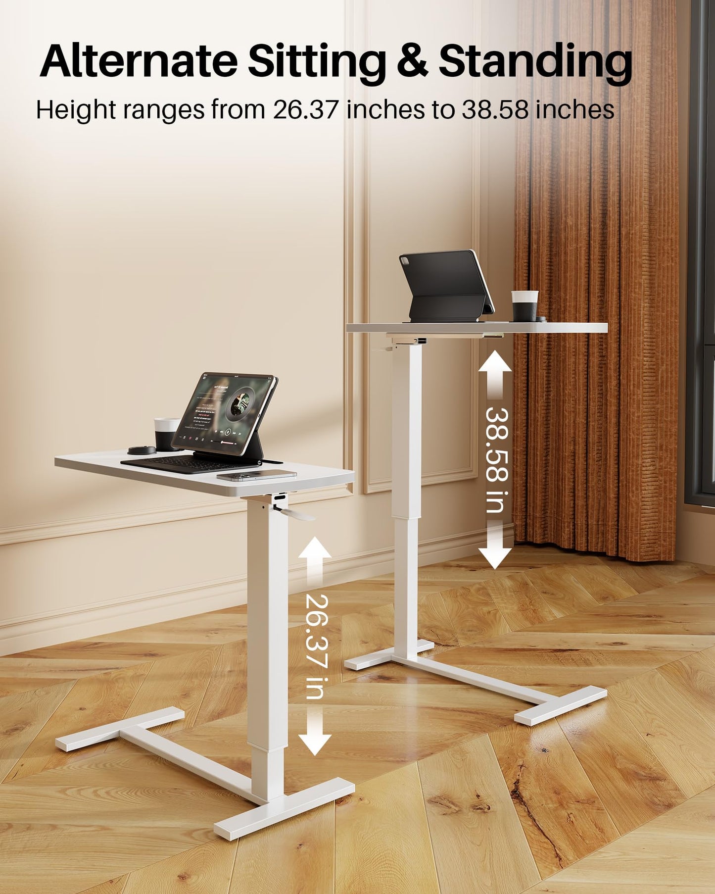 Hovadova Foldable Overbed Table with Wheels, Pneumatic Adjustable Overbed Bedside Table, Mobile Standing Desk, Hospital Bed Tables Over The Bed, Rolling Laptop Desk with Casters for Home Office