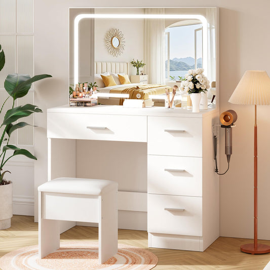 LIVELYGLOW Makeup Vanity Desk with Charging Station & LED Mirror – 35.4" Vanity Set with 4 Drawers, 3 Lighting Modes – Modern Bedroom Furniture (15.7" D x 35.4" W x 53.9" H), White