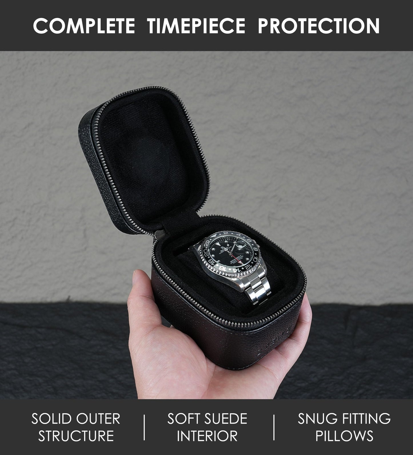 SYENS Watch Travel Box, Real Genuine Leather Single Watch Roll Case for Man and Women Watch Packing Storage Organizer with Suede to Protection Zipper Fit All Watches Up to 60mm (1W-Z-BB)