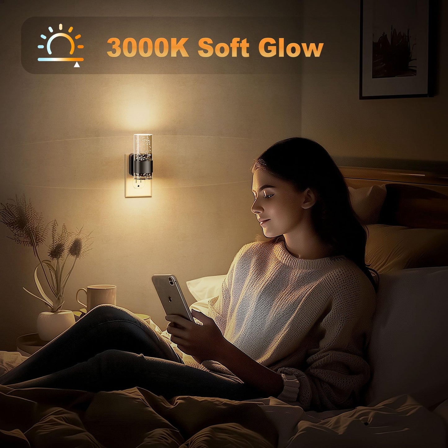 JandCase Night Light, Night Lights Plug into Wall,3000K LED Nightlight with 0-100LM Adjustable Brightness, Automatic Night Light Plug in with Light Sensor for Bathroom Hallway Room Decor