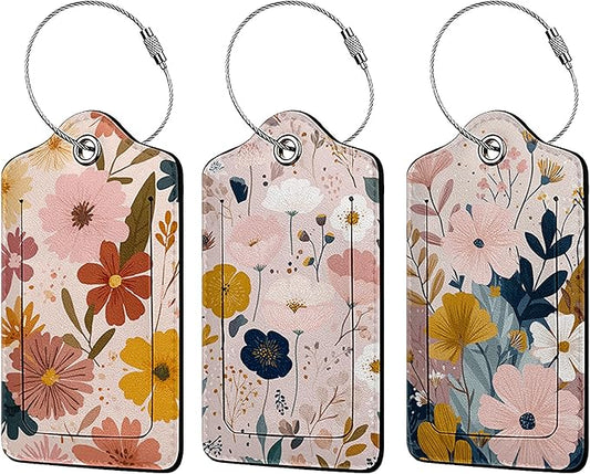 Creative Vintage Floral 3 Pack Luggage Tags, PU Leather Luggage Tags for Suitcase,Name ID Labels with Privacy Cover Suitcases and Metal Loop for Travel Bag Suitcase
