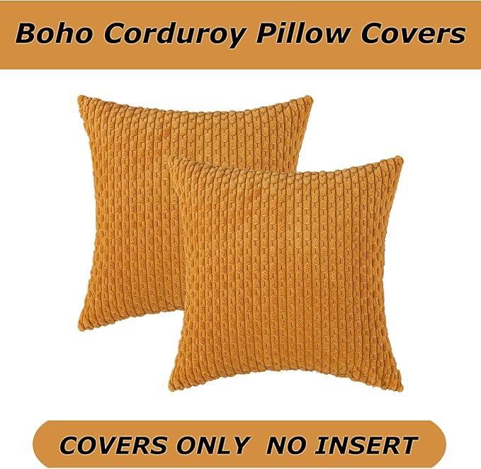 Kevin Textile Throw Pillow Covers Soft Corduroy Decorative Set of 2 Boho Striped Pillow Covers Pillowcases Farmhouse Home Decor for Couch Bed Sofa Living Room 22x22 Inch Golden Yellow