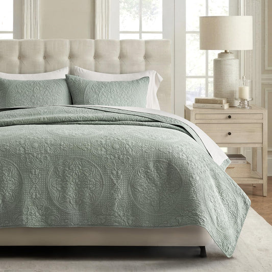 EverGrace Medallion Stitch Cotton Quilt Set King Size, 3-Piece 100% Cotton Quilted Bedspread Coverlet Bedding Set with Pillow Shams, Oversized Lightweight Soft & Breathable All-Season, Soft Sea