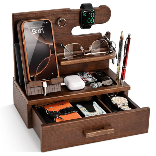 TESLYAR Wood Phone Docking Station with Drawer - Nightstand Organizer - Desk Organizer for Husband - Birthday Gifts for Men, Dad, Anniversary Idea, Key Holder Stand Watch & Accessories (Antique Brown)