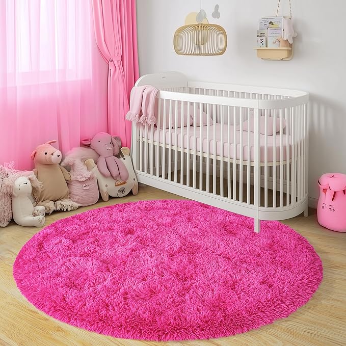 Round Fluffy Rugs 4Ft for Girls Bedroom, Hot Pink Shag Circle Kids Rug Non-Slip for Bedside Dorm Nursery Playroom, Soft Cute Area Rugs for Living Room Decor