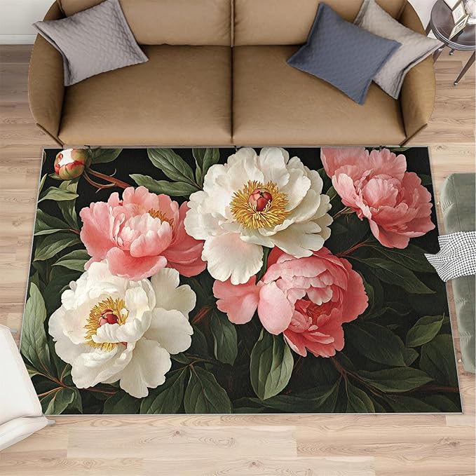 Rustic Flowers Washable Area Rug 4x5, Peony Soft Rugs for Living Room Petals Carpet Area Rugs for Bedroom Dining Room Non-Slip Stain Resistant Rug