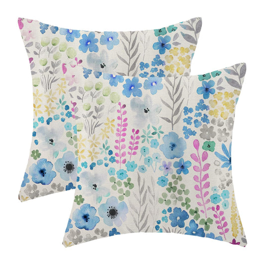 AEIOAE Colorful Floral Pillow Covers 18x18 Inch Set of 2,Spring Blue Green Yellow Flower Throw Pillows Case,Watercolor Wildflower Summer Outdoor Decorative Farmhouse Decor Cushion Covers for Sofa Bed