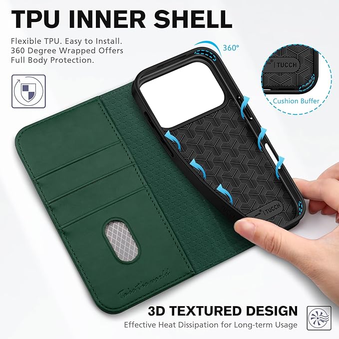 TUCCH Wallet Case for iPhone 17 Pro (6.3") 2025, 3 Credit Card Holders, RFID Blocking, Stand, PU Leather, Shockproof TPU Interior Shell, Protective Flip Folio Cover, Midnight Green