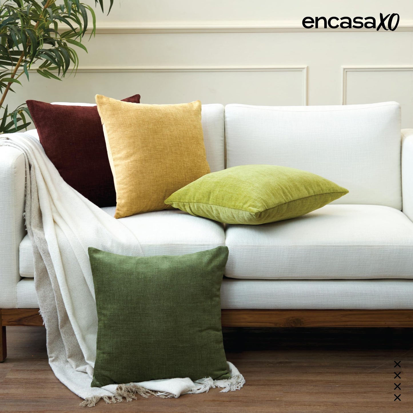 Encasa XO Thick Chenille Throw Pillow Covers Set of 2 | Mustard Gold - (24"x24") (60x60 cm) | Decorative Accent Square Throw Pillow Cases for Couch, Home Decor, Sofa