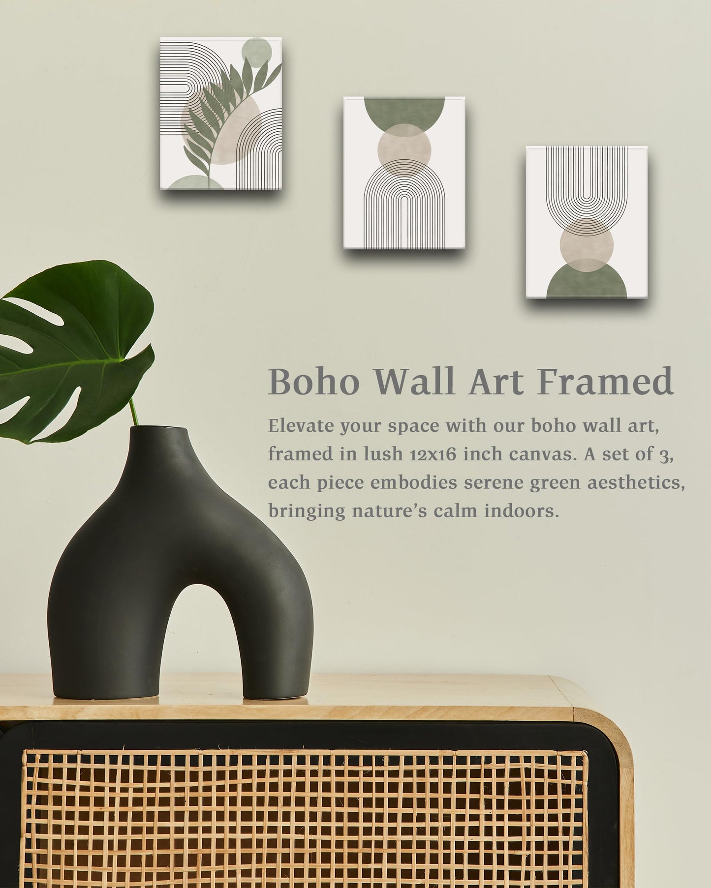 HesenDot 30x40CM Sage Green Boho Wall Art,Framed Canvas Bathroom Wall Art Pictures, Mid-Century Modern Wood Framed Abstract Prints for Bedroom,Minimalist Office Wall Decor 3Pack