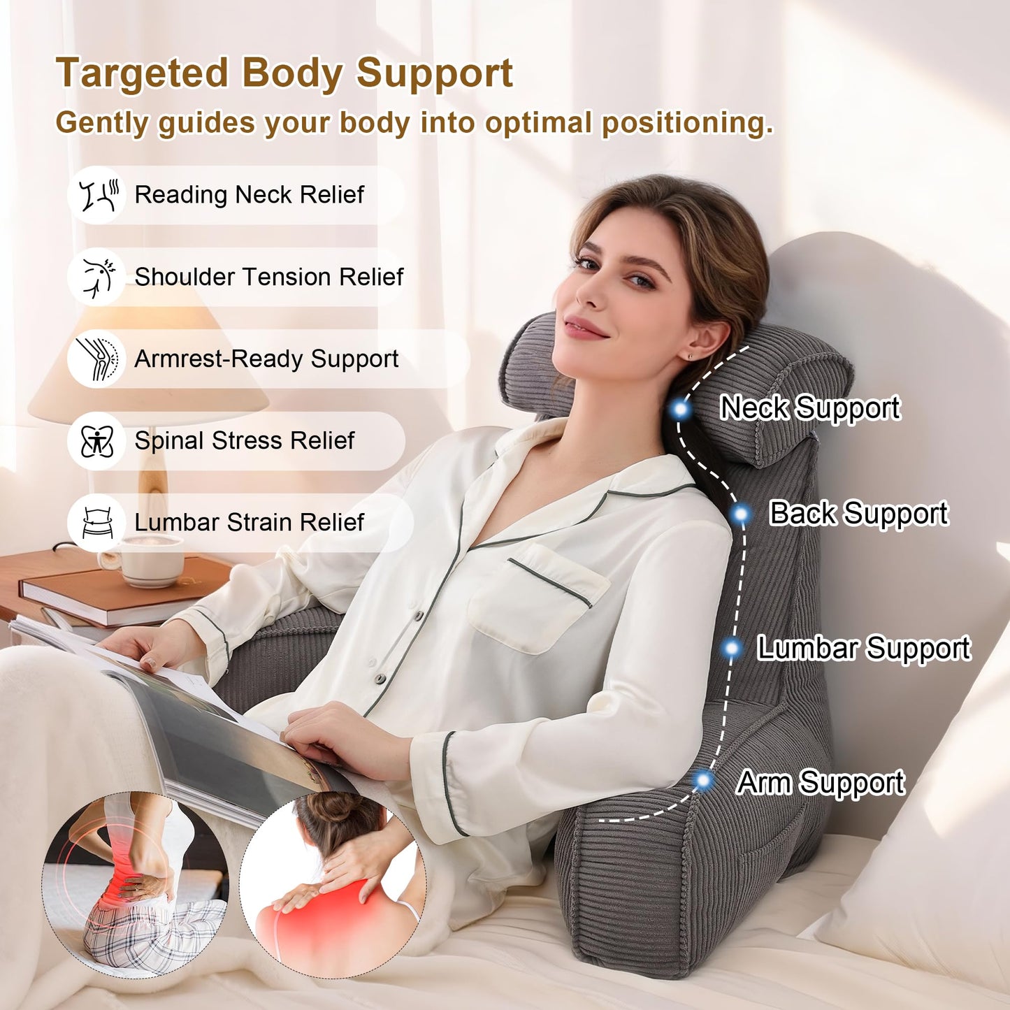 Ailuteie Reading Pillow for Sitting Up in Bed, Sofa & Floor – Corduroy Backrest Pillow with Arms, Side Pockets & Washable Cover, Bed Rest Pillow Back Support, Dark Grey