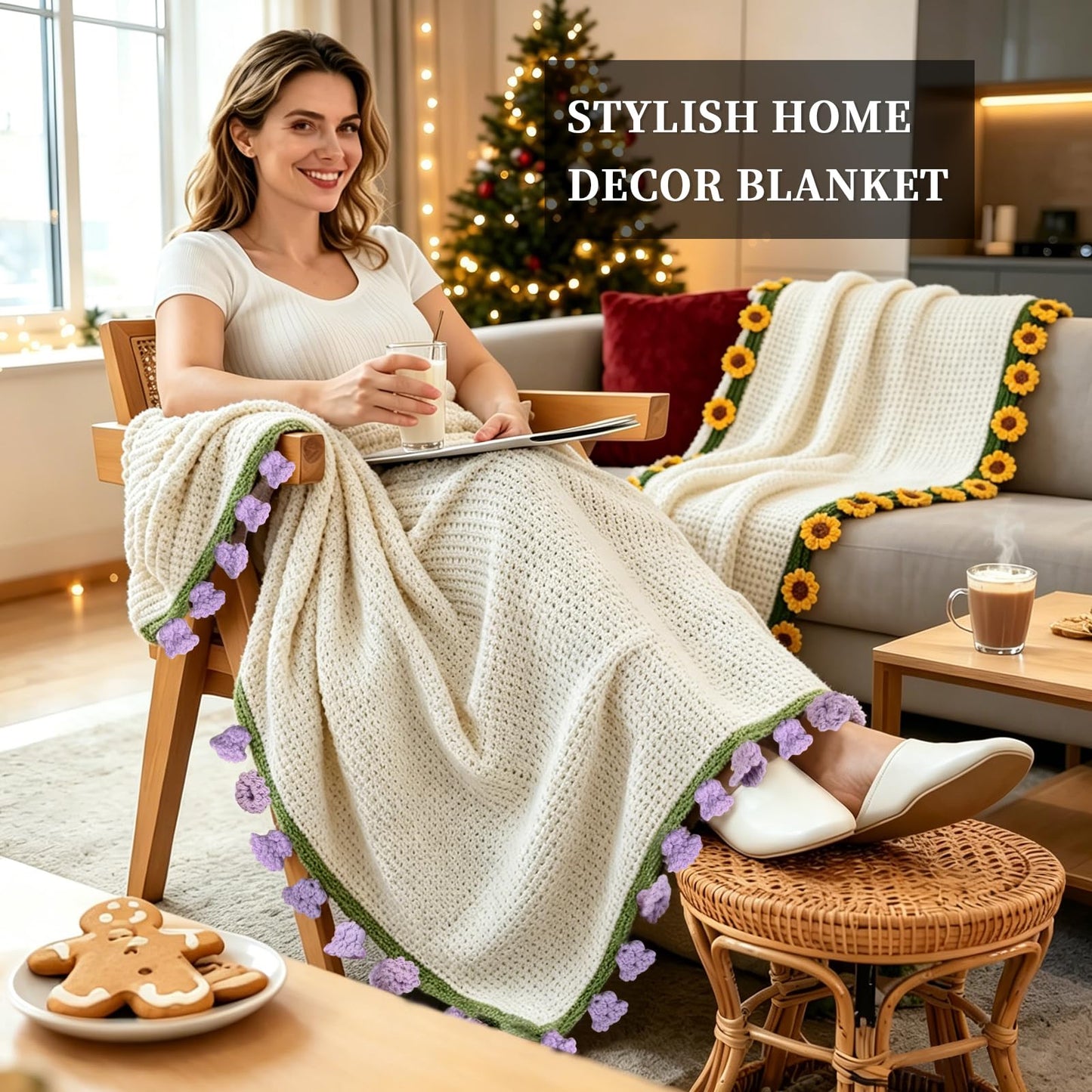 Sunflower Crochet Flower Bouquet Blanket, Handmade Knitted Round Throw Blanket, Cute Unique Birthday Gifts for Women Her Girlfriend Wife Mom Mother’s Day Christmas Valentine Anniversary, 51 IN