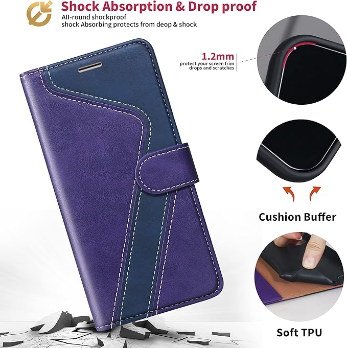 CIVICASE for iPhone 14 Wallet Case,Leather Flip Case [RFID Blocking] Credit Card Holder Folio Magnetic Stand TPU Shockproof Cover Color Matching for iPhone 14 (6.1") Purple Blue