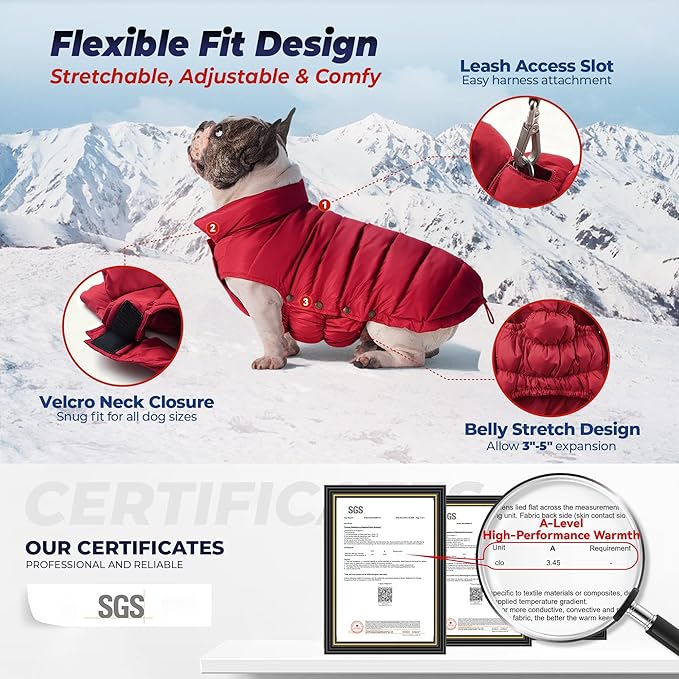 SPACE LION Dog Puffer Jacket, Down Winter Coat, Durable Outdoor Coat for Cold and Windy Conditions, Lightweight & Adjustable Fit Coats for Medium & Large Dogs,(Red, Size18/L+)
