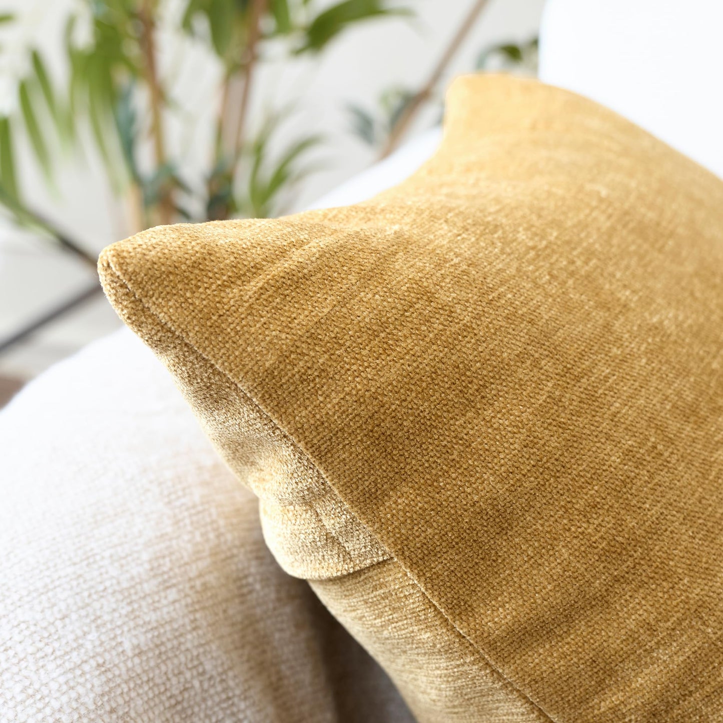 Encasa XO Thick Chenille Throw Pillow Covers Set of 2 | Mustard - (24"x24") (60x60 cm) | Decorative Accent Square Throw Pillow Cases for Couch, Home Decor, Sofa