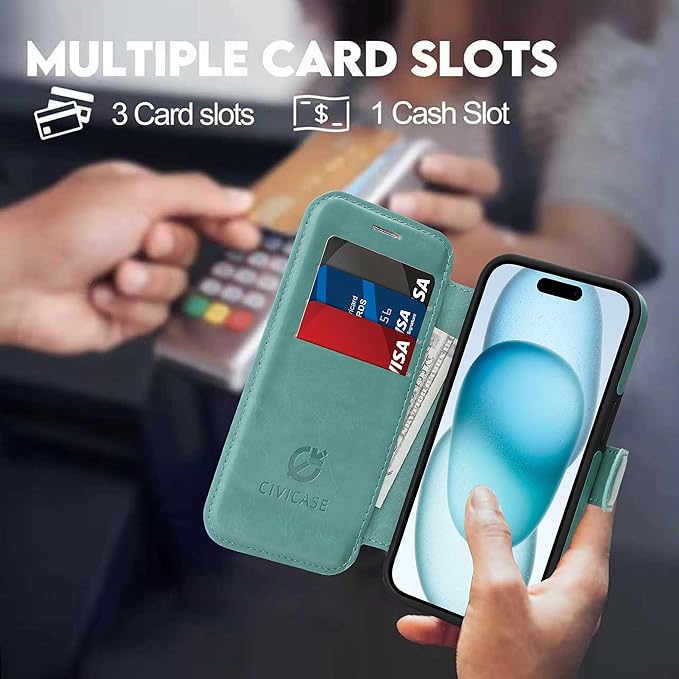 CIVICASE for iPhone 15 Wallet Case with Stand,PU Leather Flip Credit Card Holder Slots (RFID Blocking),Compatible with Magsafe Magnetic Holder Phone Cover Women Men, Green