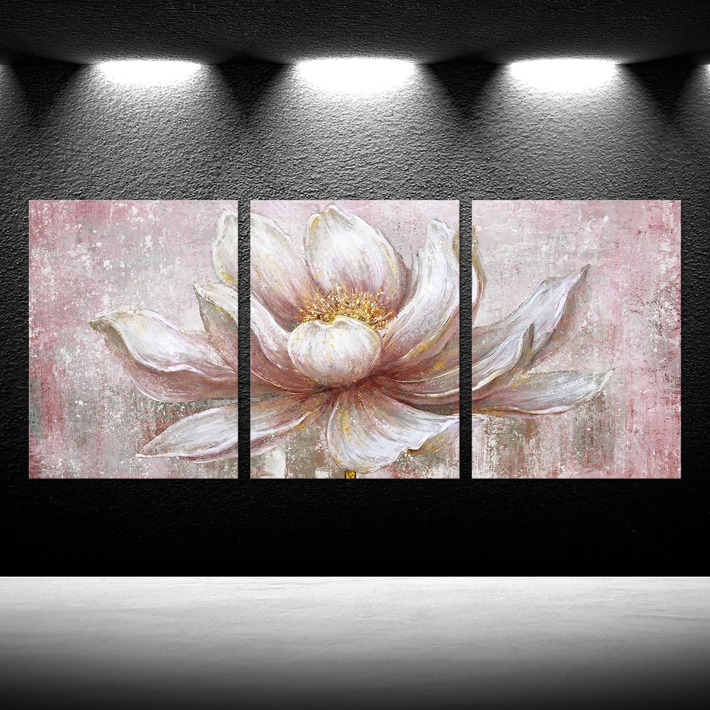 iKNOW FOTO Pink Gold Lotus Canvas Set of 3 Wall Art Framed Flowers Paintings Wall Pictures Abstract Artwork Painting for Bedroom Office Home Decor Ready to Hang 12x16 Each