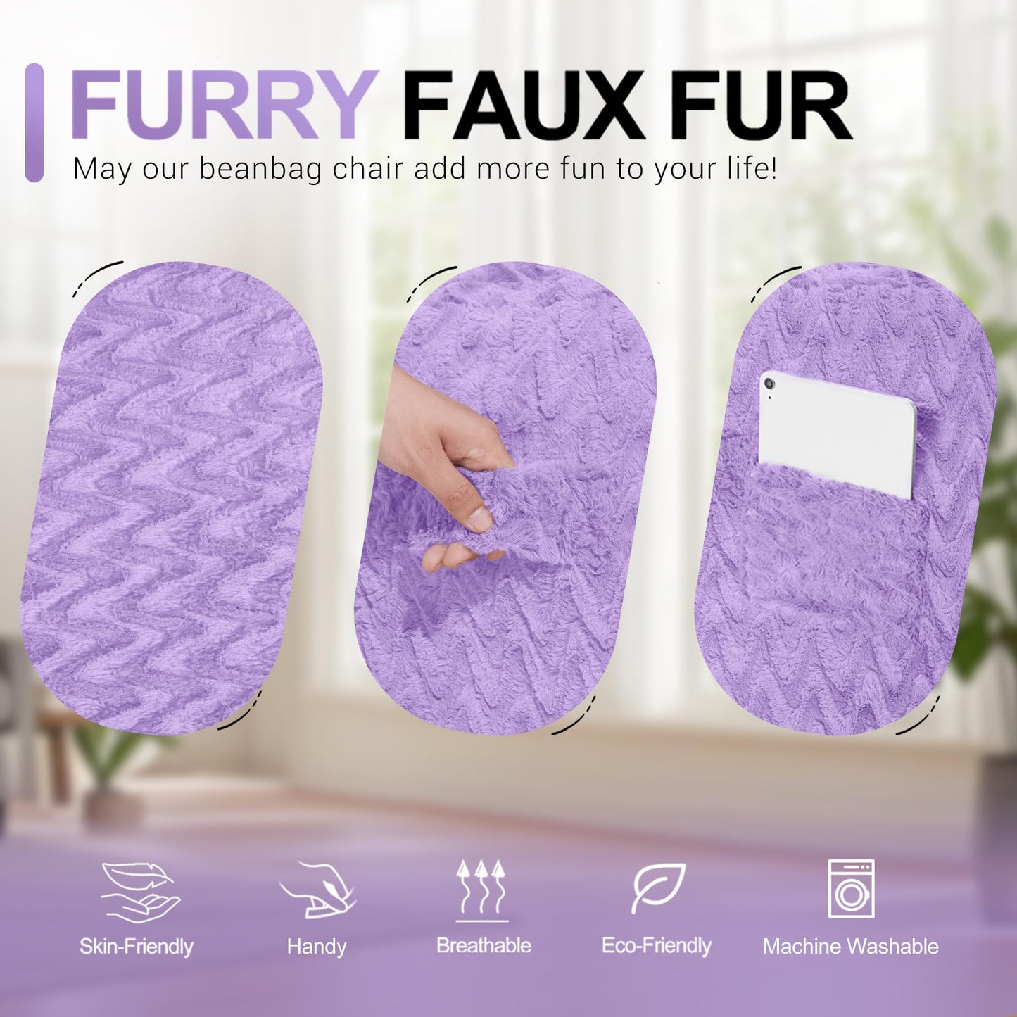 3FT Bean Bag Chair,Giant Bean Bag Chairs for Adults,Big Bean Bags with Memory Foam Filled, Large Beanbag Chairs with Chevron Plush Cover-Purple
