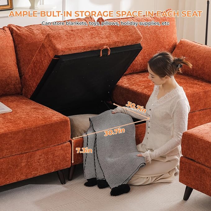 73'' Loveseat Sofa with Seats Storage, Modular Sectional Sofa with Deep Seat,Oversized Comfy Love Seat with 7.8'' Cushion,Couch for Living Room,Bedroom,Chenille,Orange