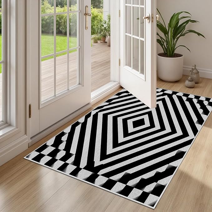 Black and White Rug 8x10, Checkered Soft Thin Indoor Floor Mats Carpet, Non-Slip Stain Resistant Washable Rugs, Modern Rhombus Geometric Rugs for Living Room, Farmhouse Rug