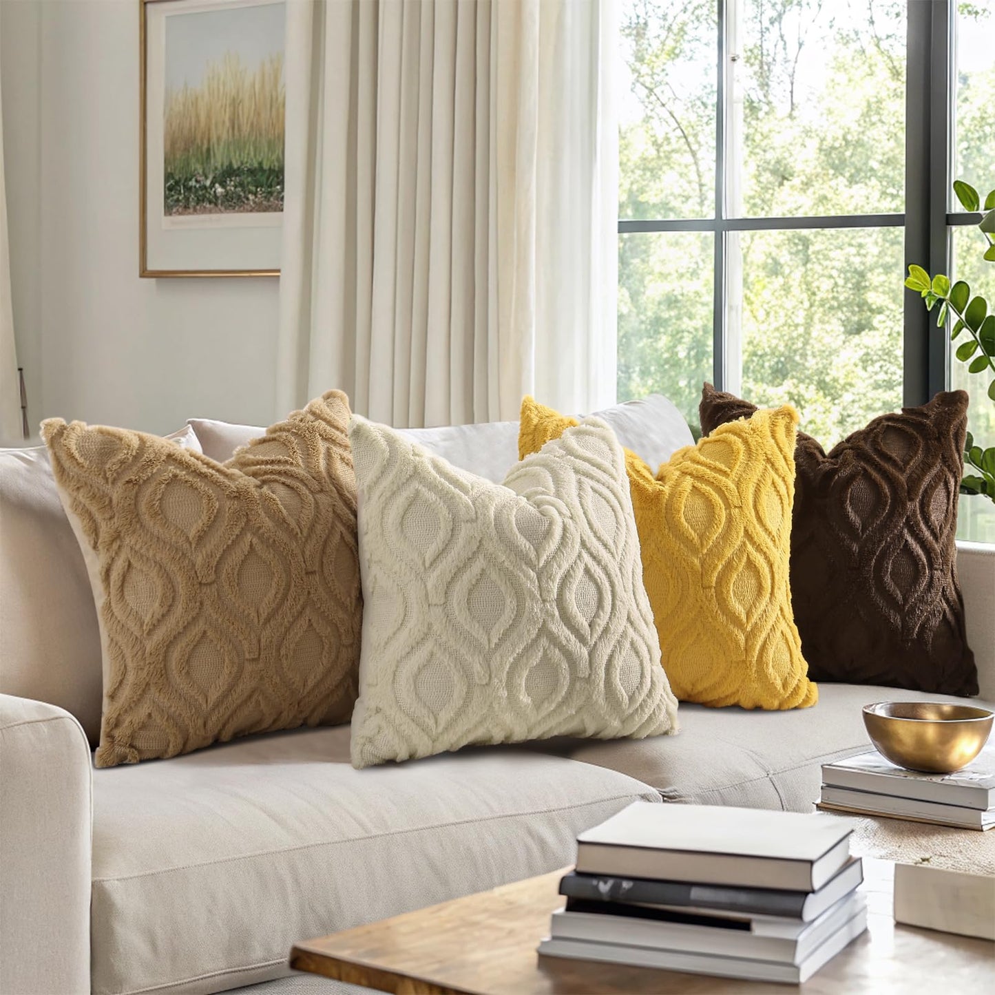 decorUhome Throw Pillow Covers 20x20 Inch Set of 2, Soft Plush Faux Wool Light Brown Khaki Solid Couch Pillow Covers, Accent Farmhouse Neutral Square Pillow Cases for Sofa Bed Living Room