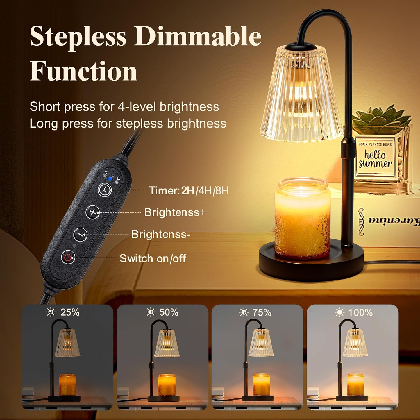 Briever Electric Candle Warmer Lamp with Timer Dimmer, Adjustable Height Wax Melter Warmer for Jar Candles, House Warming Gifts for New Home Decor, Birthday Gifts for Women, Black Wooden Base