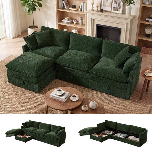WorthFurni Modular Sectional Sofa with Storage Ottomans,102" L-Shaped Cloud Couch,Comfy Modern Couches with Pillows & Upholstered Deep Seat Cushion for Apartment Living Room Bedroom（Green）