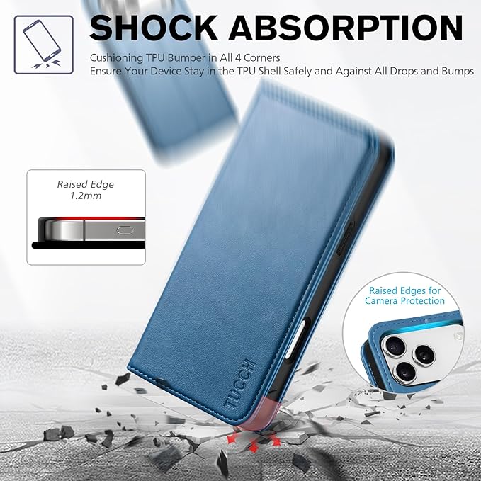 TUCCH Wallet Case for iPhone 17 Pro Max (6.9-Inch) 2025, 3 Credit Card Slot | RFID Blocking | Stand | PU Leather | Shockproof TPU Interior Shell | Protective Flip Folio Cover | Lake Blue