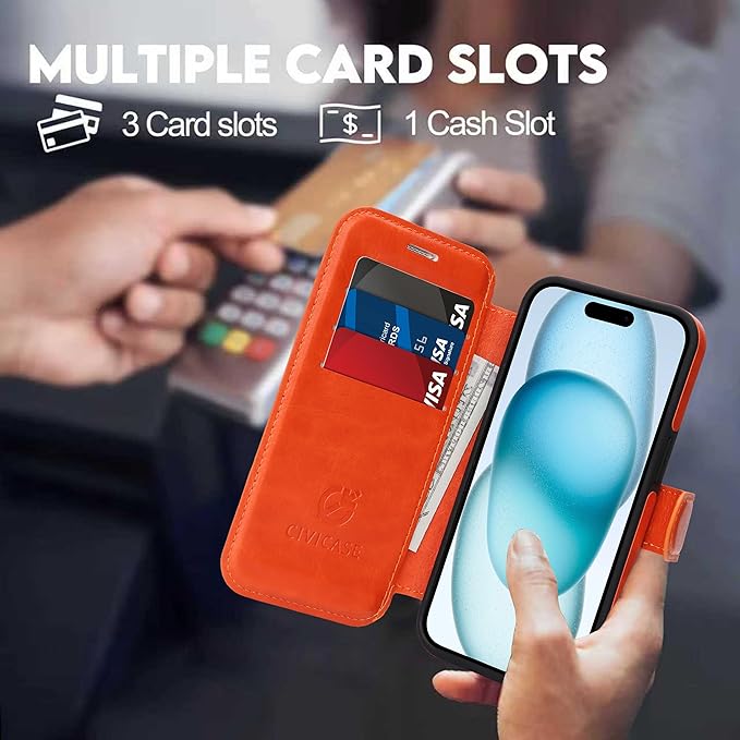 CIVICASE for iPhone 15 Pro Max Wallet Case with Stand,PU Leather Flip Credit Card Holder Slots (RFID Blocking),Compatible with Magsafe Magnetic Holder Phone Cover Women Men,Orange