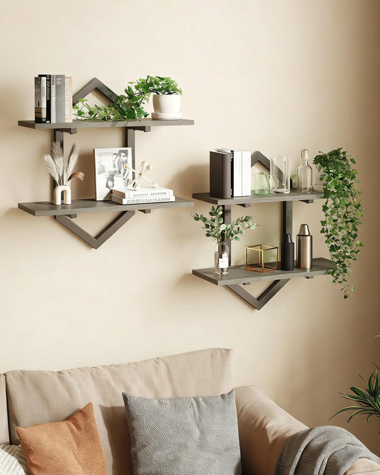 Forjarn Floating Shelves, Set of 2 Wall Shelf, Wall Mounted Decorative Shelves, 2-Tier Modern Geometric Hanging Storage Shelf for Living Room, Bedroom, Kitchen, Office, Study (Greige + Black)