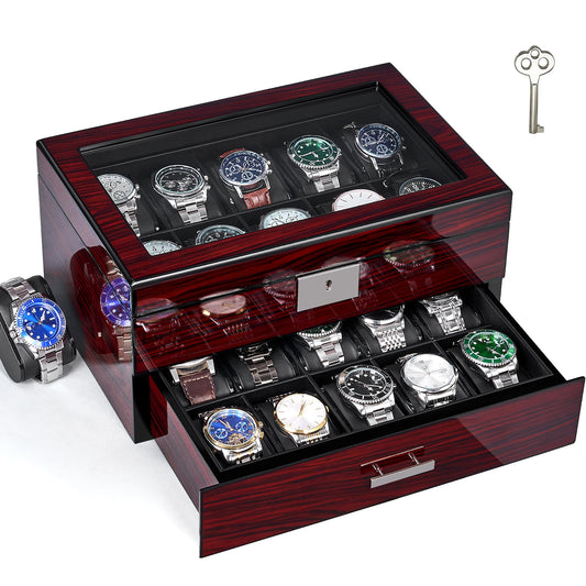 ANWBROAD Watch Box 20 Slot Watch Cases for Men with Large Glass Lid 2-Tier Watch Display Case Lockable Wooden Watch Organizer Elegant Watch Holder for Women UJWB002Y