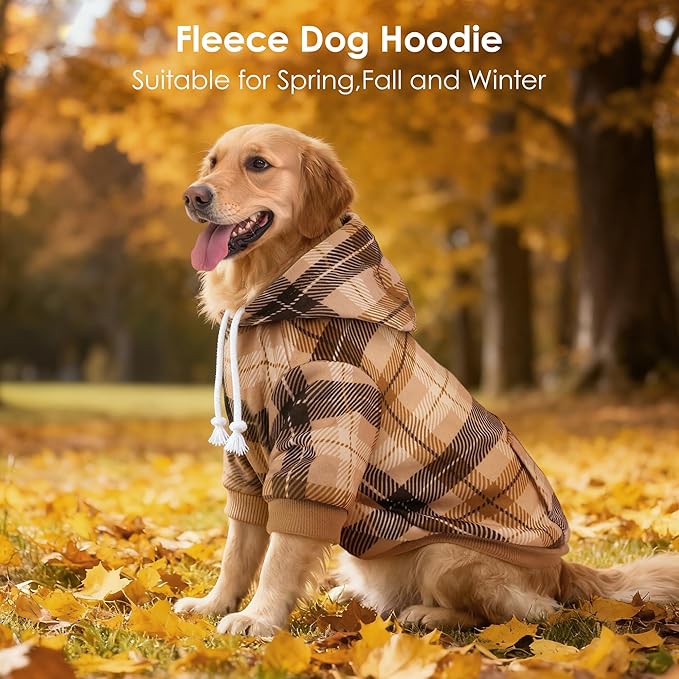 BAOBICUTE Dog Basic Hoodie Soft Dog Clothes Cold Weather Sweaters for Medium Large Dogs Cozy Fabric Warm Sweatshirt with Leash Hole (Khaki Plaid, S (Back: 12.6",Chest:18.11", Neck: 13.78"))