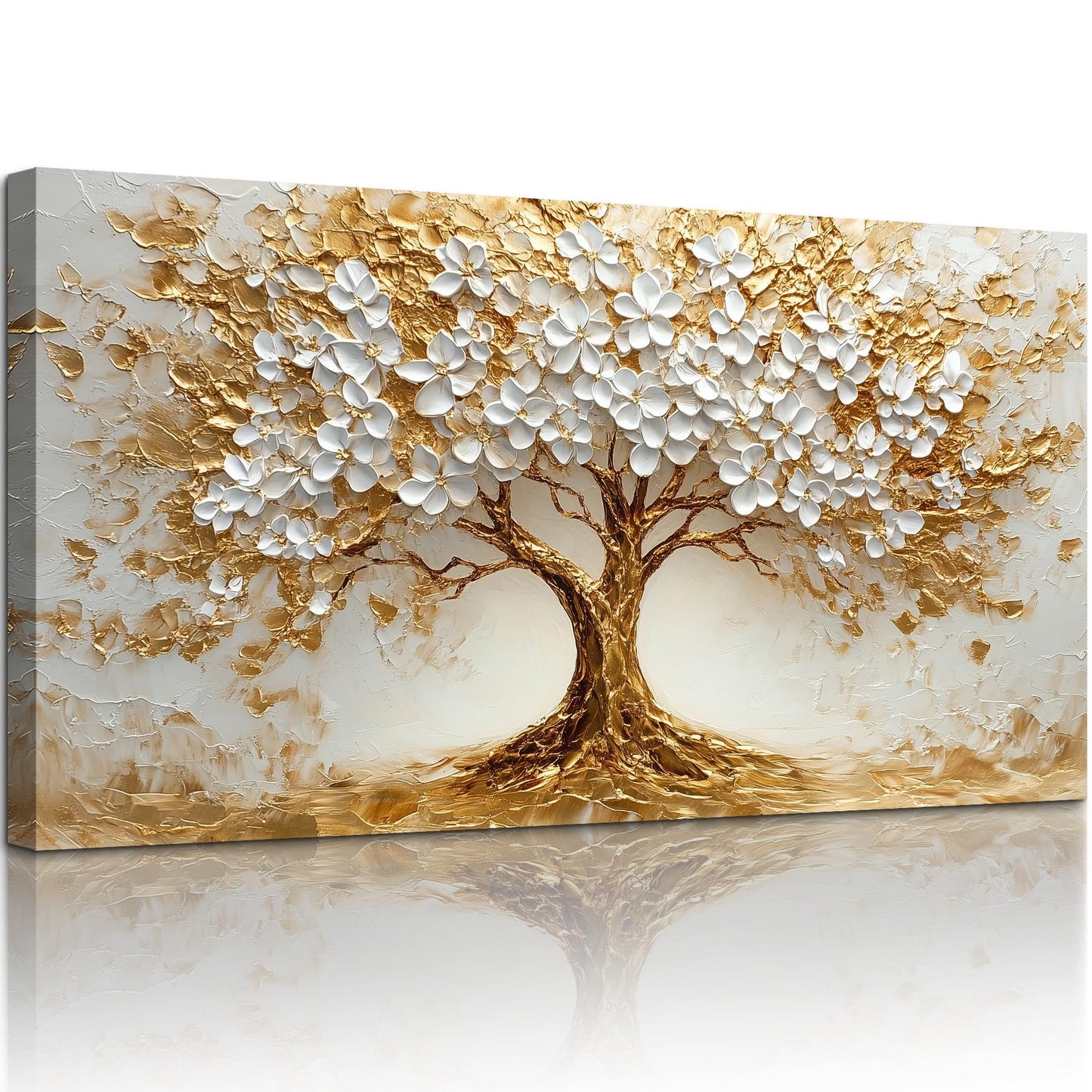 SERIMINO White Gold Tree of Life Wall Art, Blooming Flower Tree Extra Large Artwork, Abstract Landscape Canvas Art Prints, Modern Oversized Pictures Wall Decor Living Room Office Ready to Hang 29"X57"