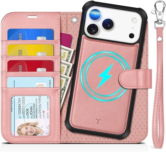 TUCCH 2-in-1 Detachable Wallet Case for iPhone 17 Pro Max (6.9-inch) 2025, RFID Blocking 4 Card Slots, Wireless Charging, Wrist Strap, Kickstand, Magnetic, PU Leather, Protective Flip Cover, Rose Gold