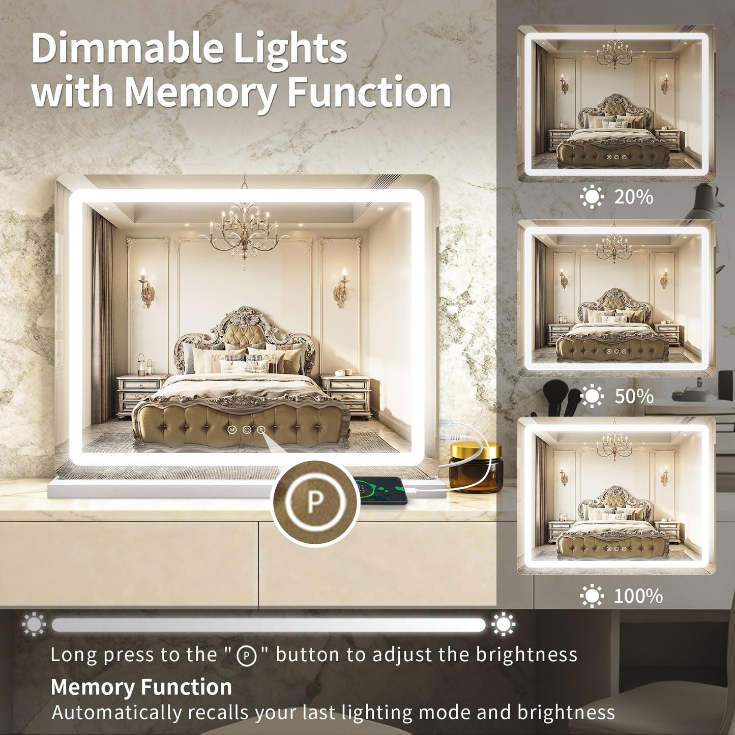 ROLOVE 23"x 18" Large Vanity Mirror with Lights, LED Makeup Mirror for Dresser and Desk, 10X Magnification, Dimmable Touch Control, Wall Mounted or Tabletop Mirror for Bedroom (White)